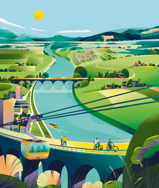 illustration Vue panoramique sur vallée fluviale suisse