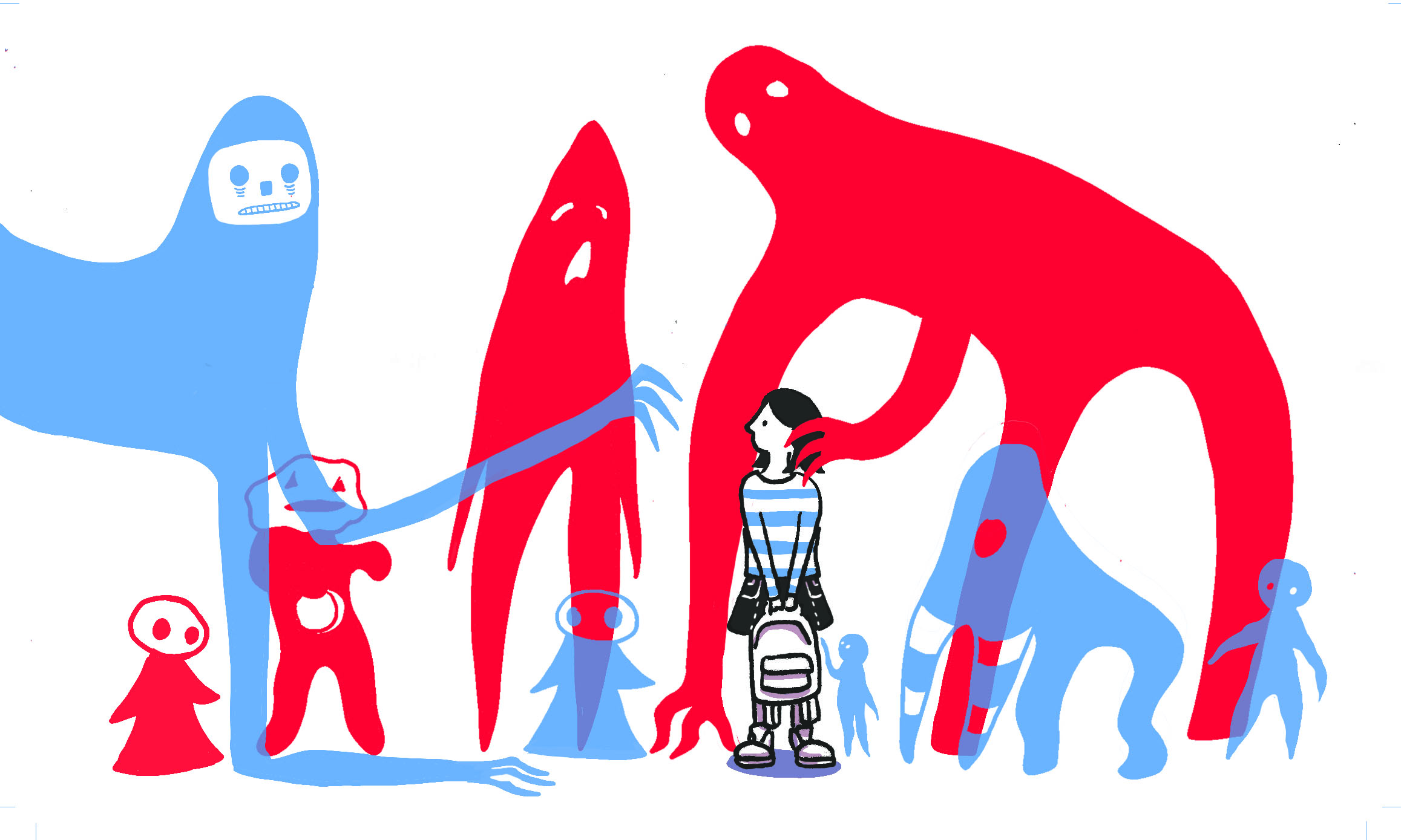 illustration Rencontre surréaliste entre l'enfance et créatures imaginaires